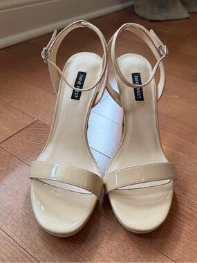 Nine West Women's Beige Patent Ankle-Strap Sandal Heels